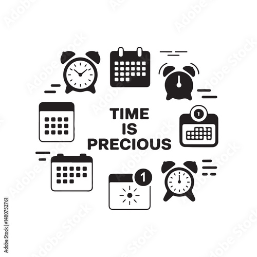 Time and Calendar Management Icon Set Vector – Black Silhouettes of Clocks, Planners, Alarms, and Reminders