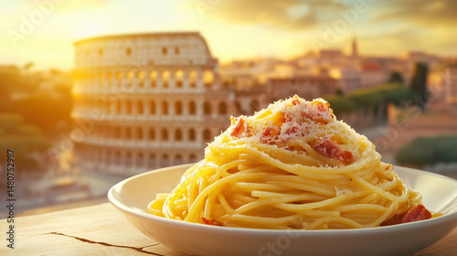 Spaghetti alla Carbonara with the background of Rome City, Italian Cuisine