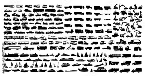Vehicular Silhouette Collection: A diverse assembly of silhouettes, including various cars, trucks, boats, and construction vehicles, provides a comprehensive representation of transportation modes.