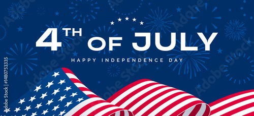 4th July banner, Fourth of July card, USA flag and fireworks