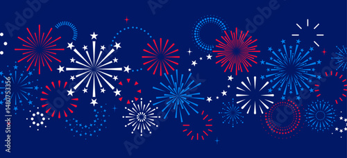 4th of July border, fireworks banner, USA pattern background