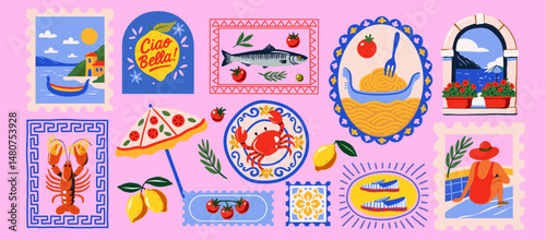 Bright vector set with Mediterranean motifs: pasta, lemons, fish, lobster, crab, tomatoes, sandals, wine, coastal views, decorative tiles, pizza umbrella, stamps, and summer  elements