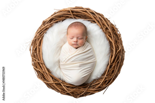 PNG Caucasian newborn swaddled in nest of twigs on fluffy cushion