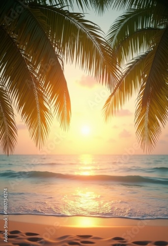 sunlight filtering through palm fronds sunrise natural light tropical serenity, nature, tropics, leaves, morning, golden, dewdrops, plant, flora, glow
