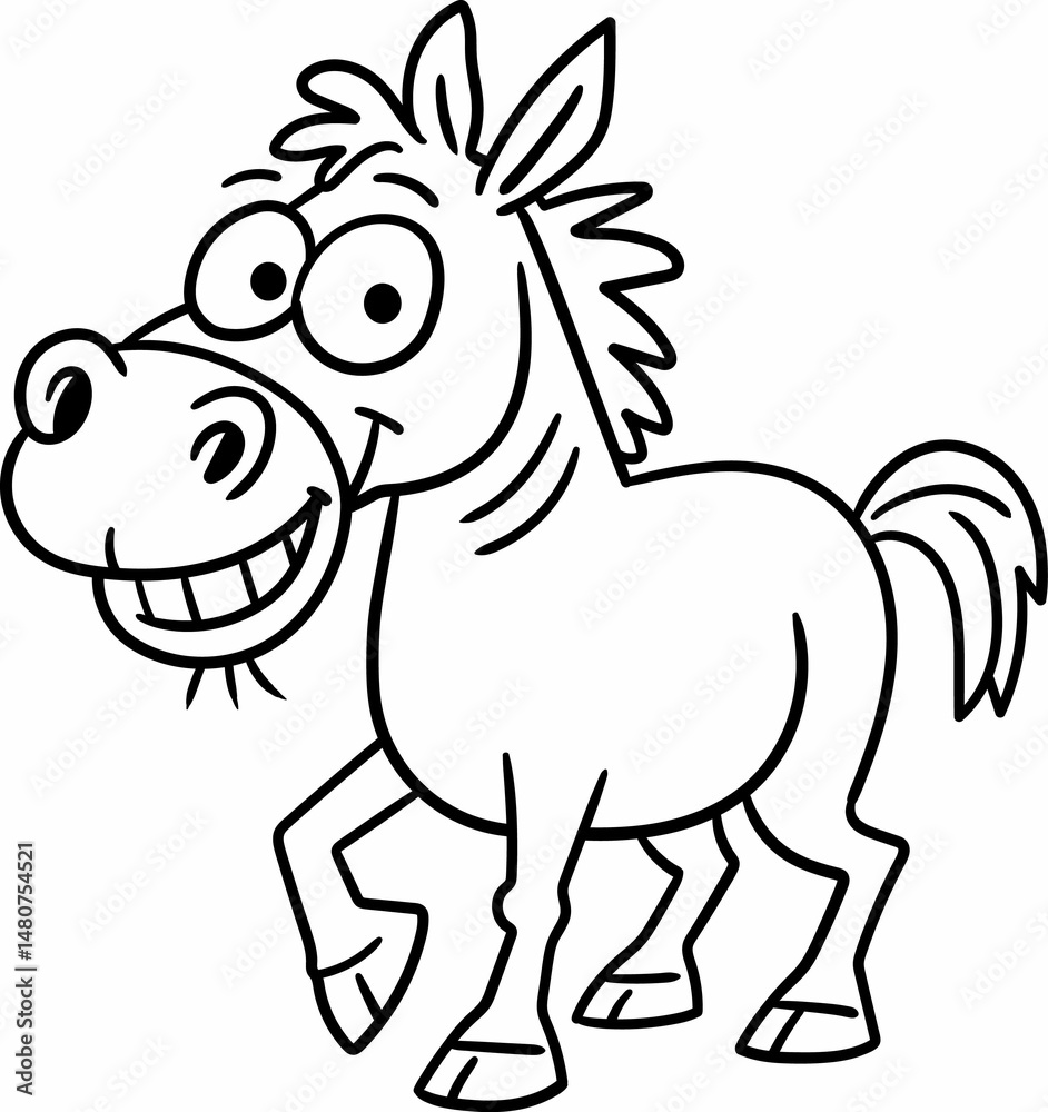 Obraz premium Funny cartoon horse.A black and white coloring book featuring a smiling cartoon horse with big eyes. It is perfect for children's coloring books, educational materials and funny illustrations. 