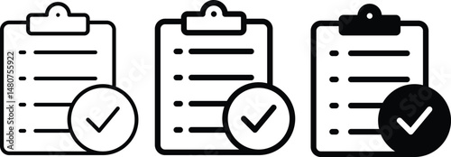 Checklist thin line icons set. Clipboard, checkmark, document, survey, checkbox icon. Vector