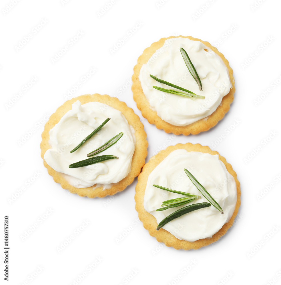 Tasty crackers with cream cheese and rosemary isolated on white, top view Tasty crackers with cream cheese and rosemary isolated on white, top view
