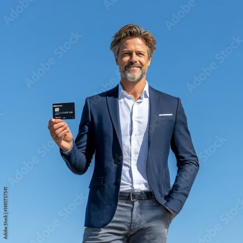 40 yo male financial executive of a silicon valley startup wearing dark blue blazer and white shirt taking a black credit card out of his front pocket while smirks confidently to the camera. Backgroun