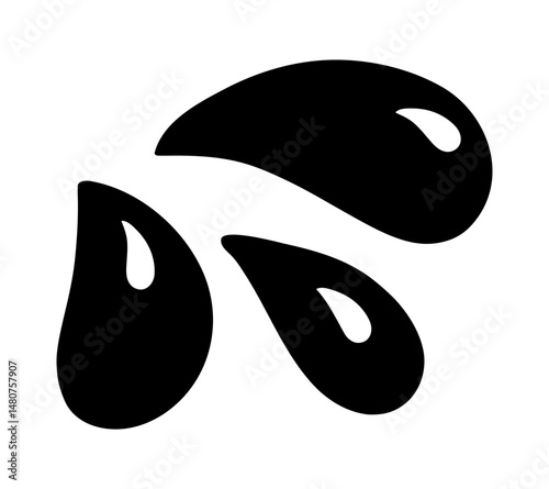 Doodle water drop,hand drawn sweat tear. Black liquid splash icon with soft shapes and rounded droplets. Silhouette perfect for skincare, weather, eco, hydration, cartoon style UI elements.