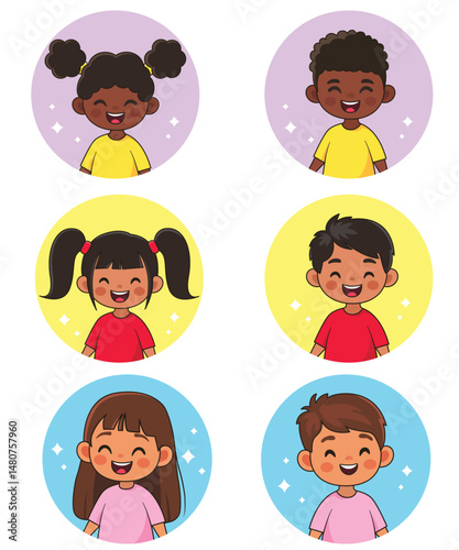Set of stickers of smiling children. Children of different races. Collection of avatars. Vector clipart