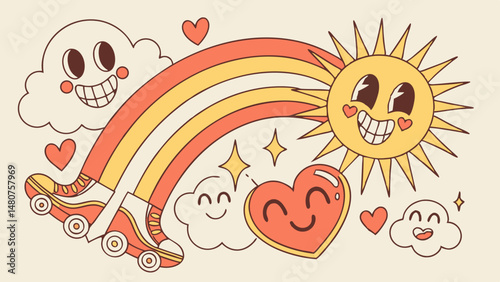 Retro Roller Skating Rainbow Sun Illustration Happy Cute Cartoon Design
