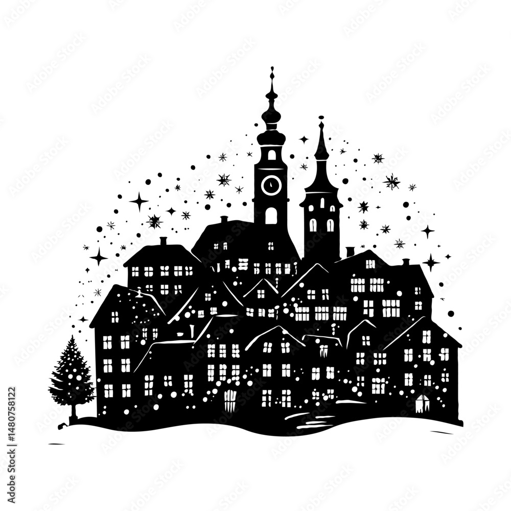 Obraz premium Silhouette of a cozy winter village with snowy rooftops and church towers, hand-drawn style on white background, concept of peaceful holiday night