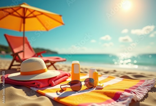 vibrant beach essentials laid out colorful towels summer vacation fun sun sunscreen sunglasses hat chair umbrella, angles, flipflops, cooler, picnic, buckets