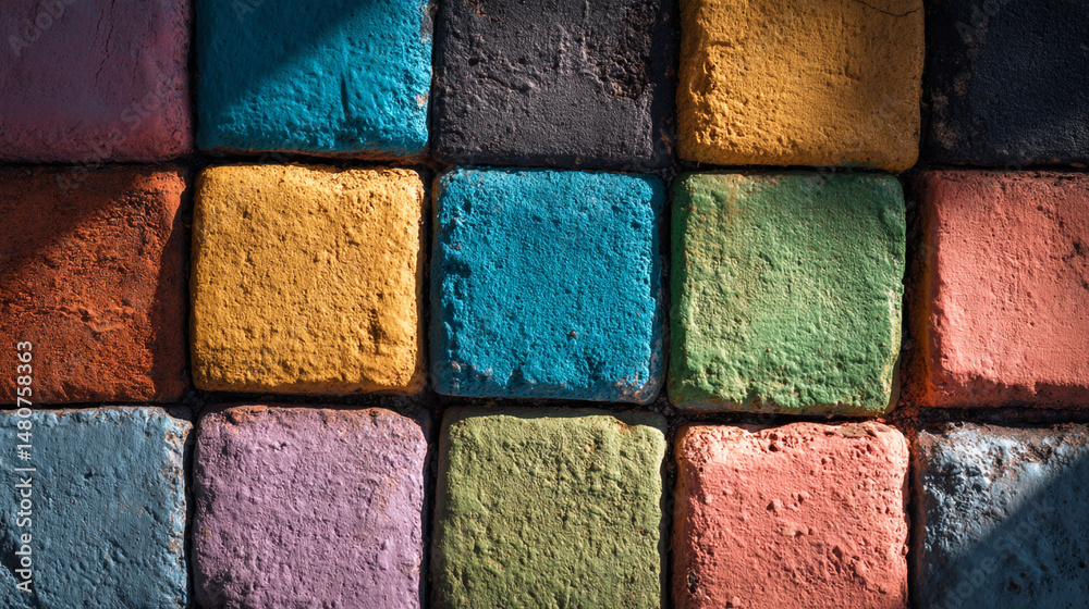 Fototapeta premium A colorful arrangement of square paving stones creating a vibrant and textured surface pattern design
