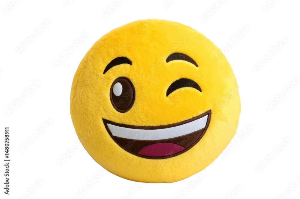 Fototapeta premium PNG Winking emoji plush pillow with smiling expression and big eyes