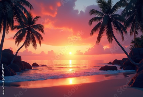 vibrant beach silhouette tropical palms sun setting nature landscape serenity beauty, tree, sunset, sea, ocean, sky, water, sand, shoreline, tropics