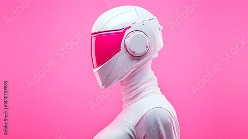 White And Pink Robot In Helmet On Pink Background