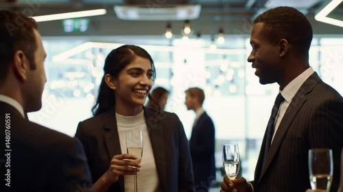 Business professionals toast with champagne at an office celebration event
