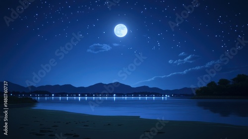 Full moon night at lakeside starry sky calm water reflection
