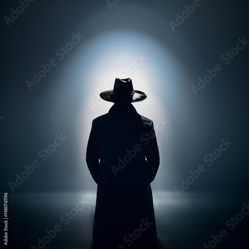 The shadowy figure of a mysterious man on a street, The Shadowy Figure, spy Man in the Shadows, Cloaked in Mystery