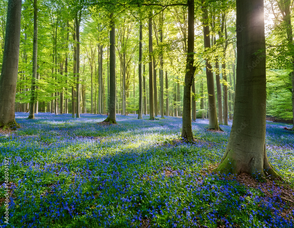 Vibrant landscape in a green deciduous forest with thick stems of beech trees and a carpet of blue flowers on the ground. Many blue flowers in a green beech forest