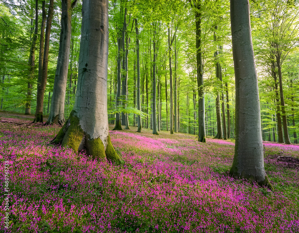 Vibrant landscape in a green deciduous forest with thick stems of beech trees and a carpet of pink flowers on the ground. Many pink flowers in a green beech forest