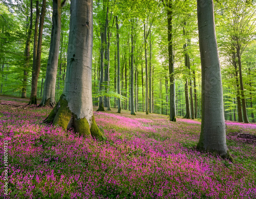 Obraz na płótnie Vibrant landscape in a green deciduous forest with thick stems of beech trees and a carpet of pink flowers on the ground. Many pink flowers in a green beech forest w salonie