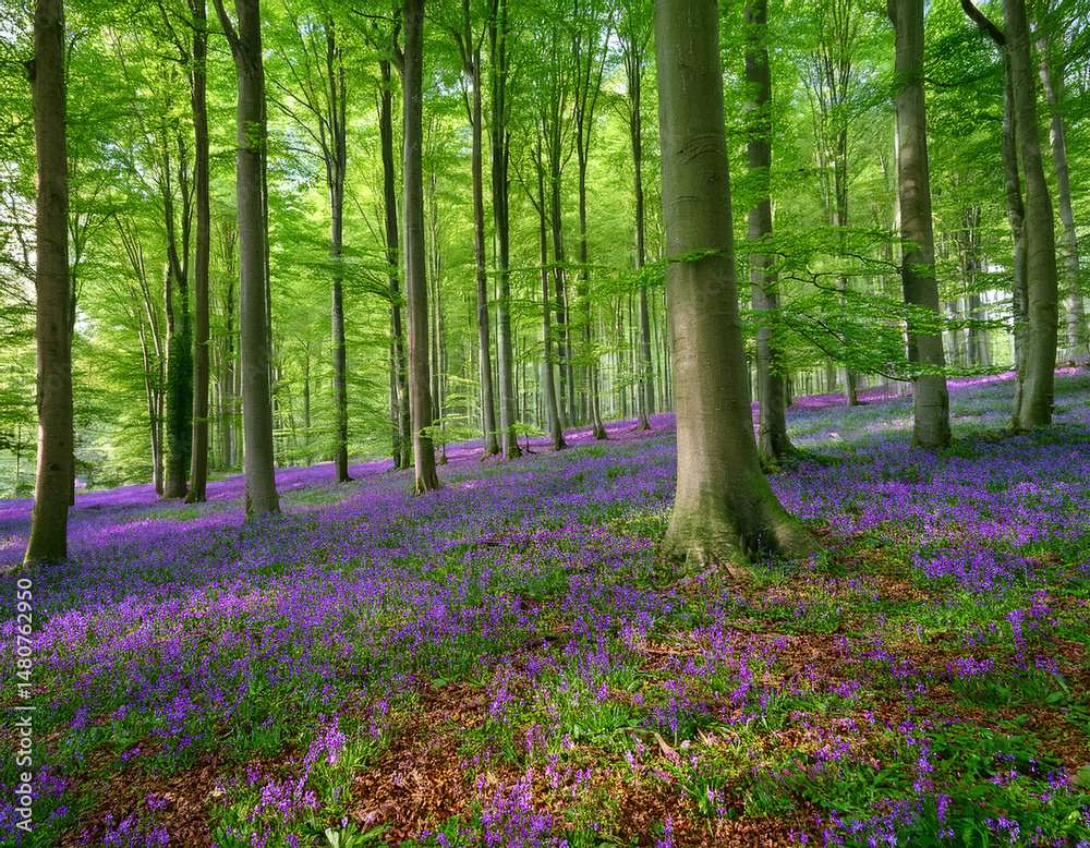 Vibrant landscape in a green deciduous forest with thick stems of beech trees and a carpet of purple flowers on the ground. Many purple flowers in a green beech forest