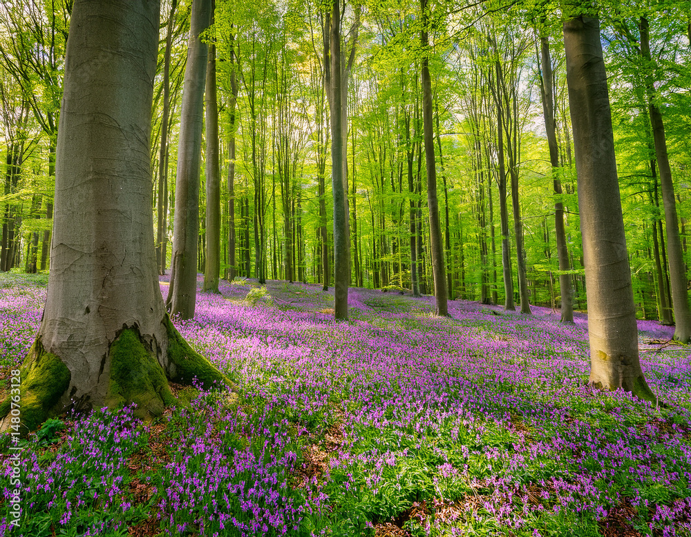 Vibrant landscape in a green deciduous forest with thick stems of beech trees and a carpet of purple flowers on the ground. Many purple flowers in a green beech forest