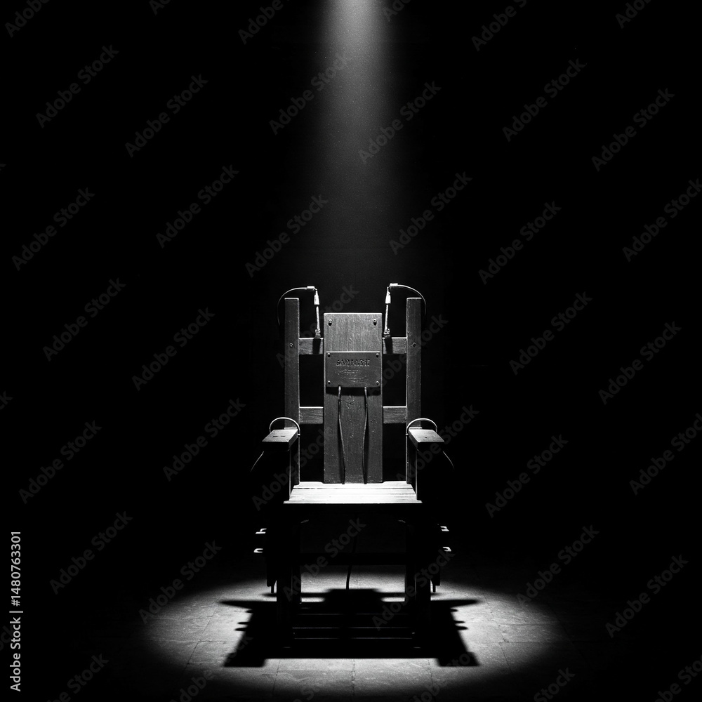 An old electric execution chair illuminated in the dark