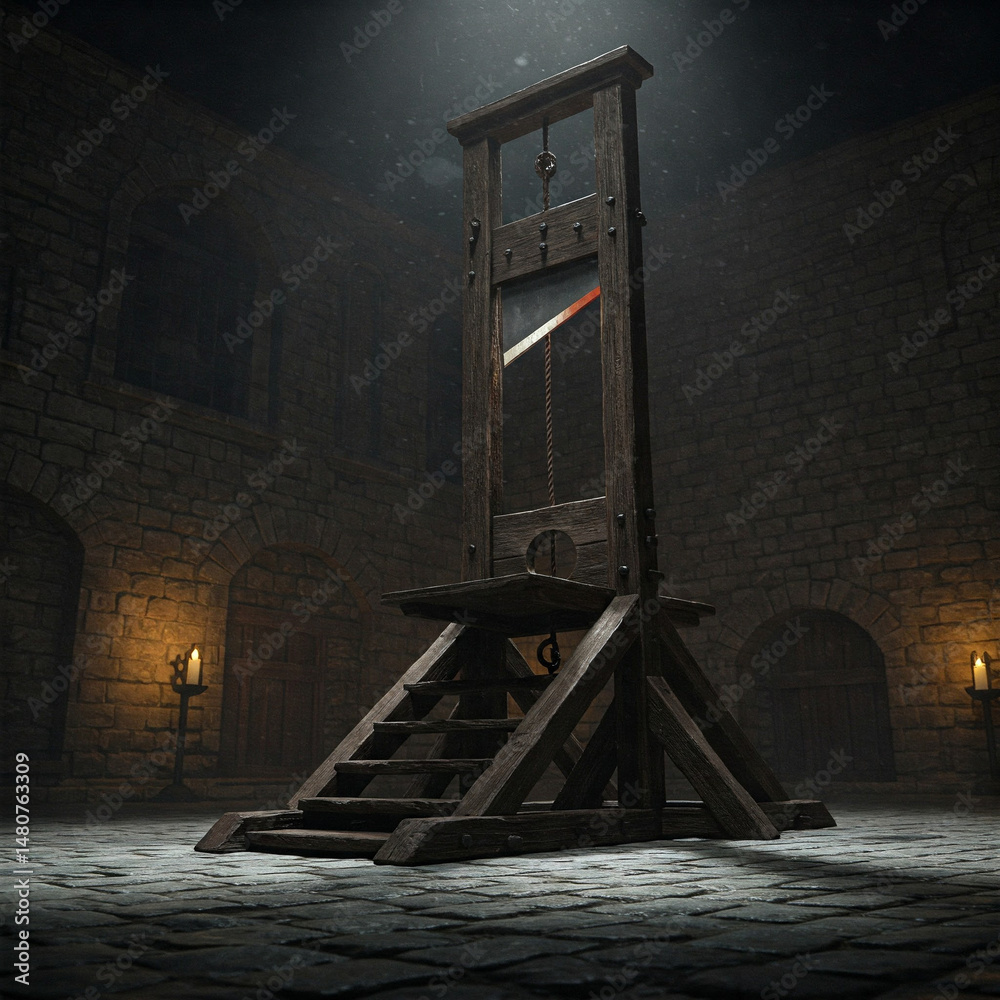 An old guillotine illuminated in the dark