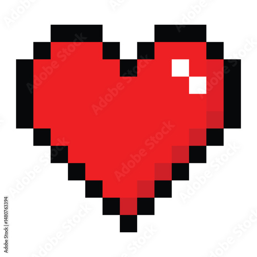 Red pixel heart vector icon in 8-bit retro style. Love or health symbol for video games, digital art, or nostalgic design. Isolated on white background.