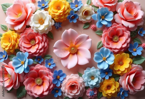 vibrant blooming flora geometric floral arrangement colorful botanical design, petal, blossom, leaf, nature, garden, pollen, texture, spring, organic