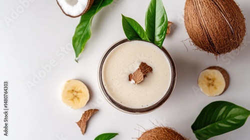 Wallpaper Mural Creamy Coconut Banana Smoothie Bowl with Tropical Leaves Torontodigital.ca