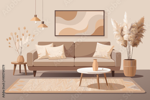Neutral Tones Living Room Interior Design with Beige Sofa and Pampas Grass