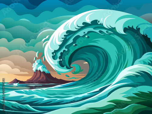 Dramatic Ocean Wave Crashing Near Volcanic Island Artistic Illustration