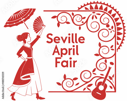 Seville April Fair Festive Illustration Woman with Fan and Parasol