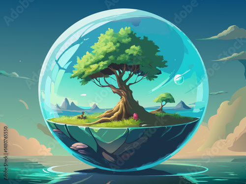 Enchanted Tree in a Glass Sphere Fantasy Landscape Illustration