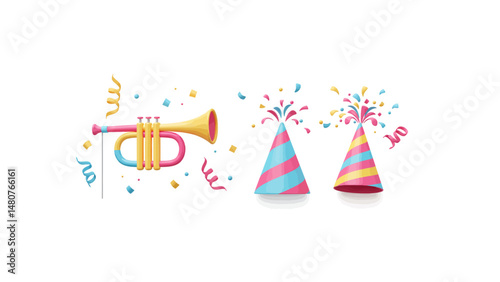 Festive party horn hats and confetti