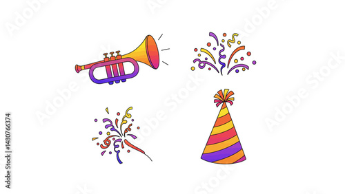 Festive Celebration Trumpet Confetti and Party Hat