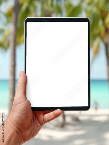 Tablet Computer with White Screen Held on Tropical Beach Vacation, Copy Space
