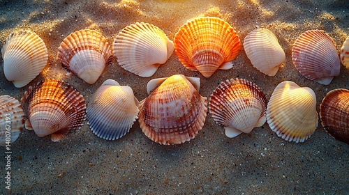 Drone shot of seashell arranged naturally beach wide angle lens capturing intricate texture symmetry bright sunlight softened polarizing filter which also enhances natural contrast between shells sand