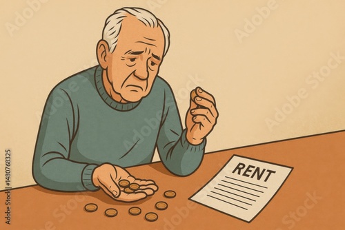 Senior man counting coins for paying rent, worried by expensive bills and inflation