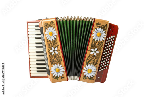 PNG Colorful accordion with floral design featuring keys and buttons