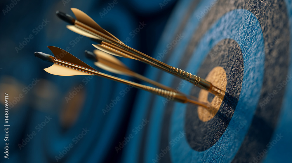 Three golden arrows hit bullseye on blue target, symbolizing accuracy, precision, and success in achieving goals Three golden arrows hit bullseye on blue target, symbolizing accuracy, precision, and success in achieving goals