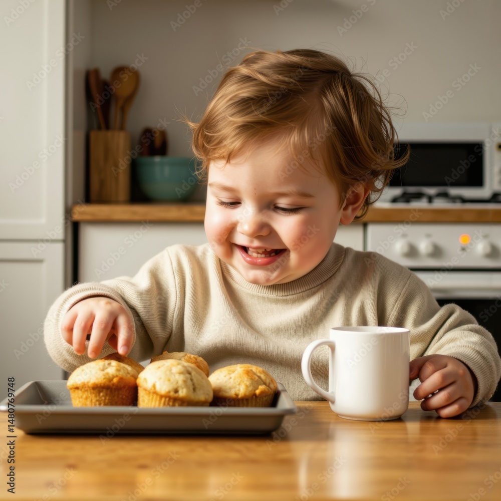 a young child is eating muffins on a tray a young child is eating muffins on a tray
