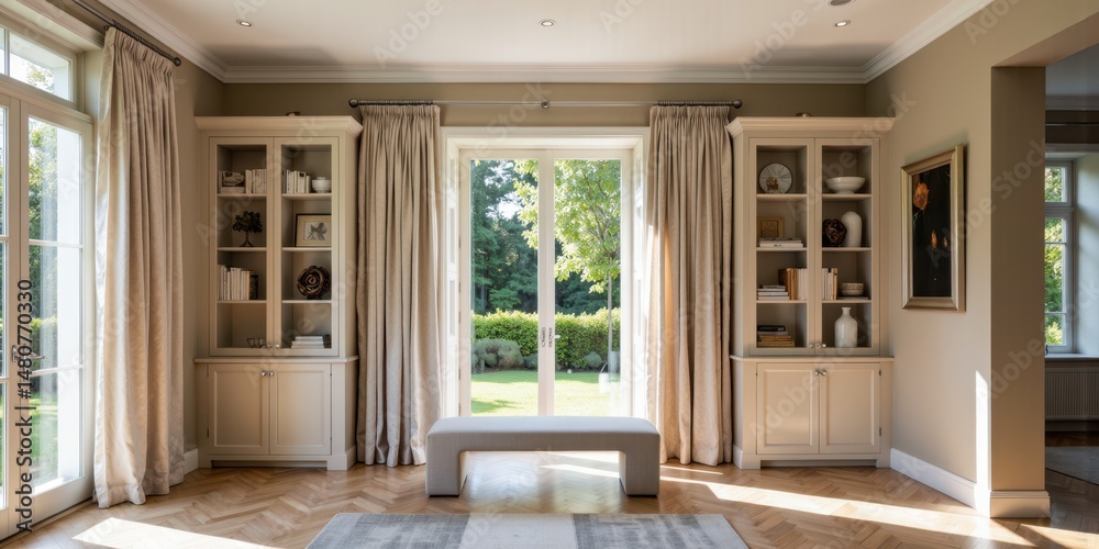 Fototapeta premium a room with a large window and a bench
