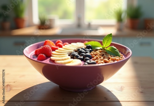 vibrant superfood smoothie bowl colorful fresh ingredients nuts seeds fruits healthy breakfast, toppings, vegetables, berries, chia, avocado, banana, acai photo