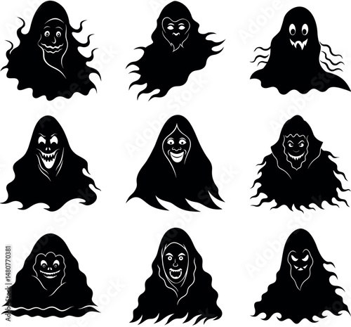 Spooky Ghost Silhouettes with Various Facial Expressions and Flowing Shapes Vector Set