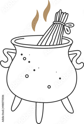 Simple line drawing depicting a steaming cauldron brewing a magical potion, filled with herbs and swirling smoke, ideal for Halloween or enchanting fantasy themed projects